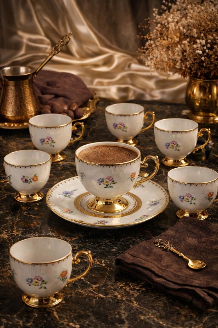 Mien Mona 6 Kişilik Porselen Kahve Fincan Takımı – Gold Detaylı Fincan Takımı