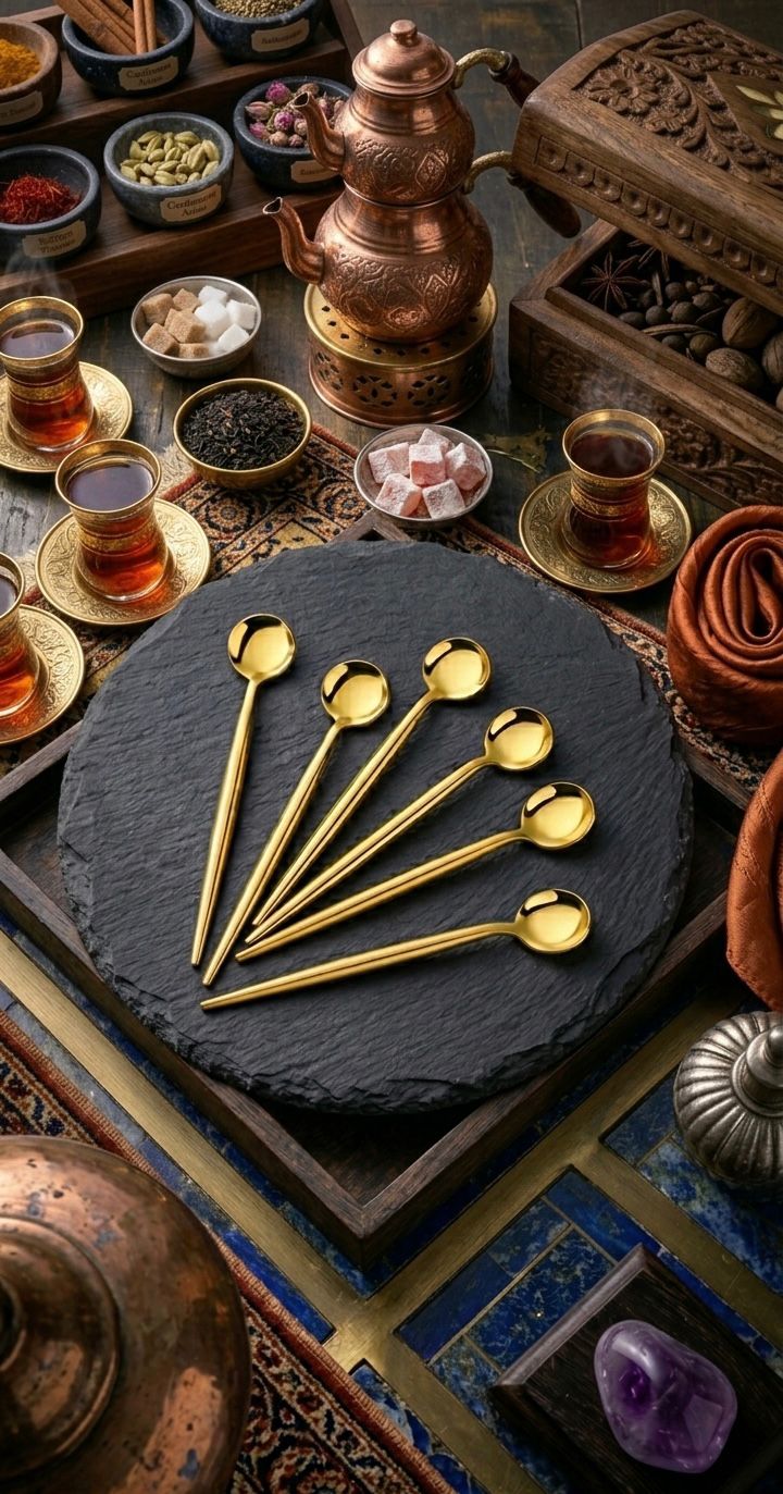 6'lı Paslanmaz Titanyum Yuvarlak Gold Çay Kaşığı - 6'lı Gold Çay Kaşık Seti