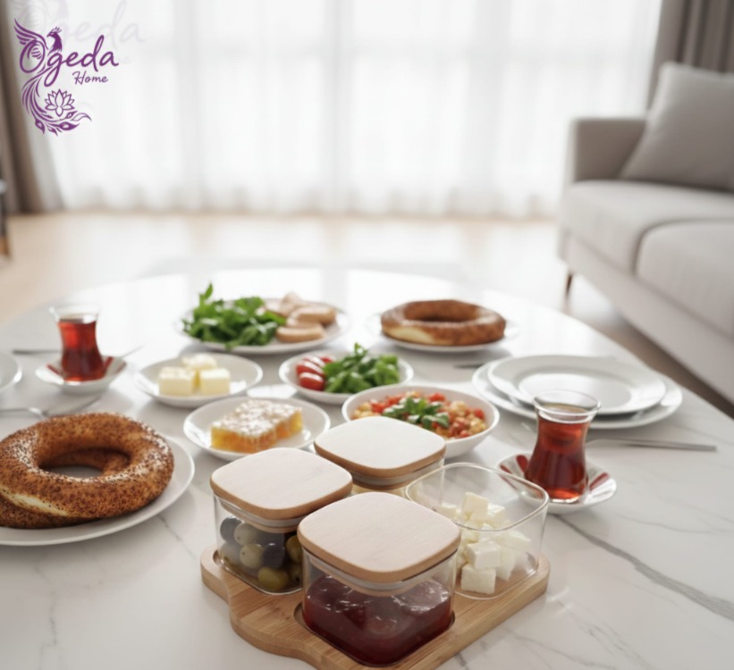 Mien 4’lü Cam Saklama Kabı Seti – 4'lü Kare Kahvaltılık Seti-Bambu Kapaklı Saklama Kabı