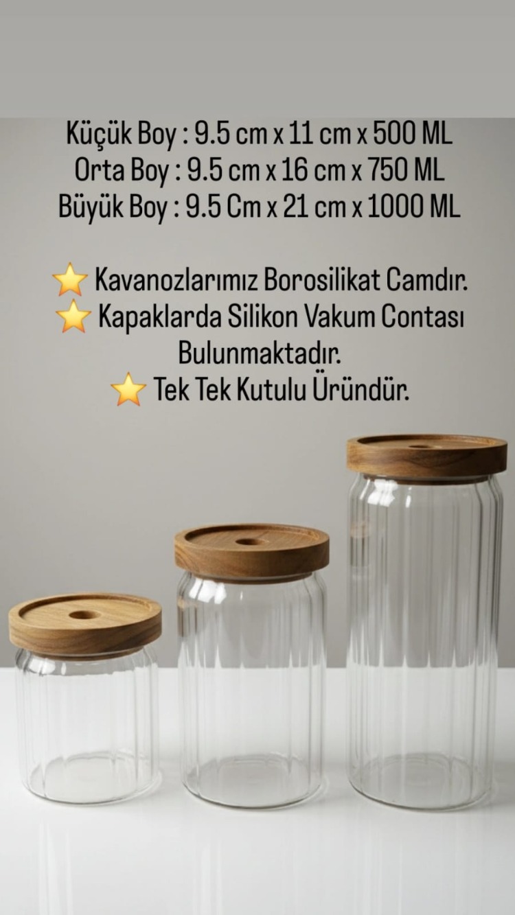 Balsa Akasya Kapaklı Yuvarlak 3'lü Cam Kavanoz Seti - 3 Boy Vakumlu Akasya Kapaklı Set