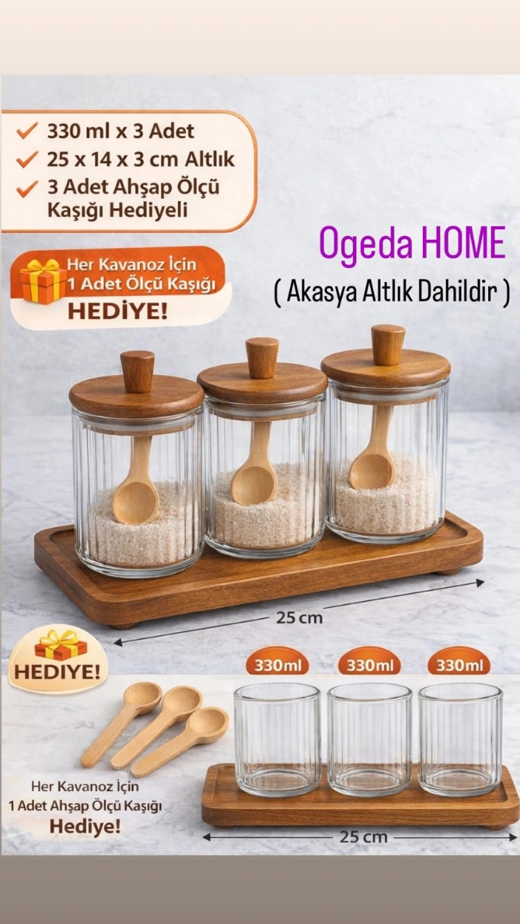 Mien Ahşap Kapaklı Cam Baharat Seti 3’lü (330 ml) - Altlık ve Kaşıklı 3'lü Baharat Seti