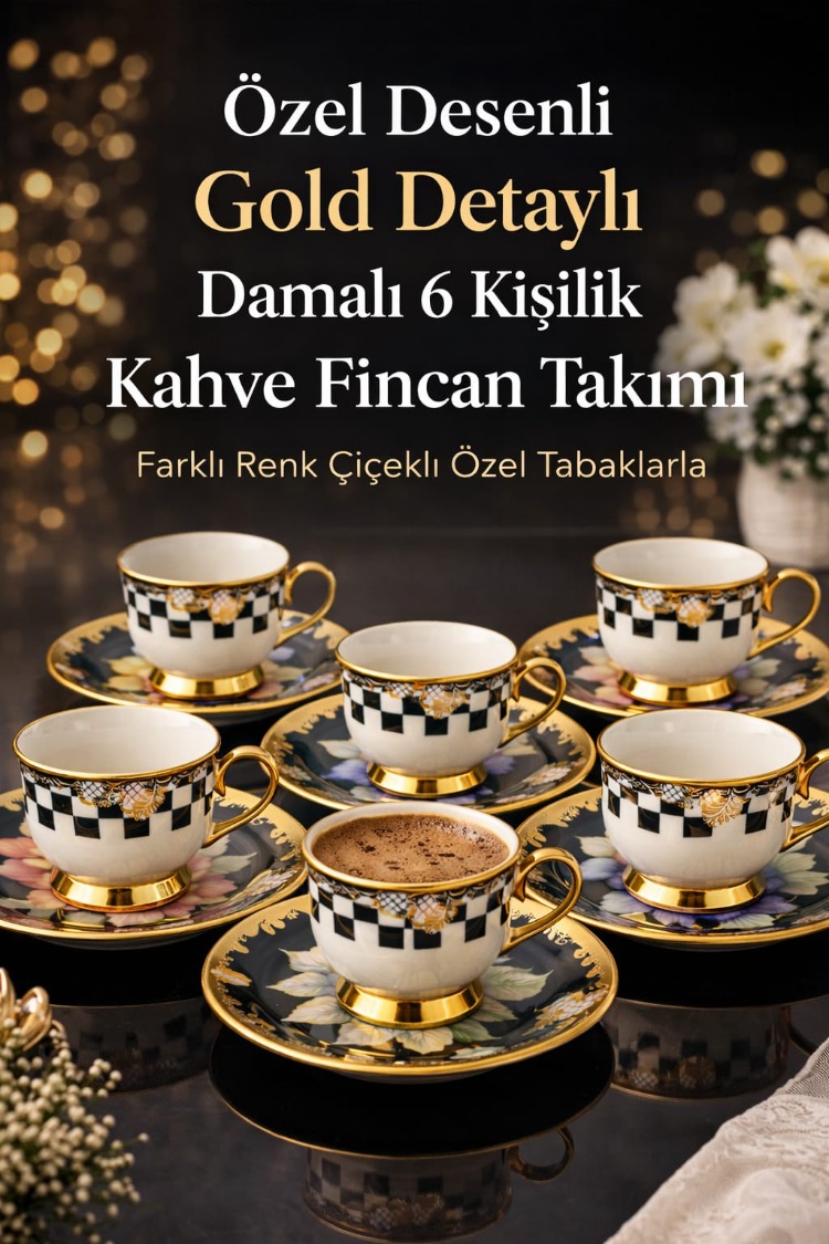 Balsa Porselen Gold Ayaklı Renkli Tombul Dama Desenli 6’lı Türk Kahve Fincan Takımı