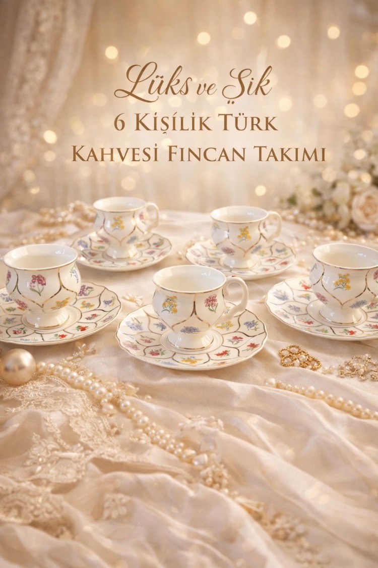 Mien 6'lı Gold Detaylı Çiçekli Fincan Takımı- 6 Kişilik Gold Çiçekli Türk Kahvesi Seti