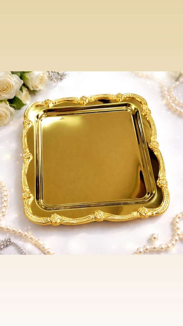 Paslanmaz Çelik Tek Kişilik Dekoratif Kare Servis Kahve Çay Tepsisi-Gold Gül Figurlu