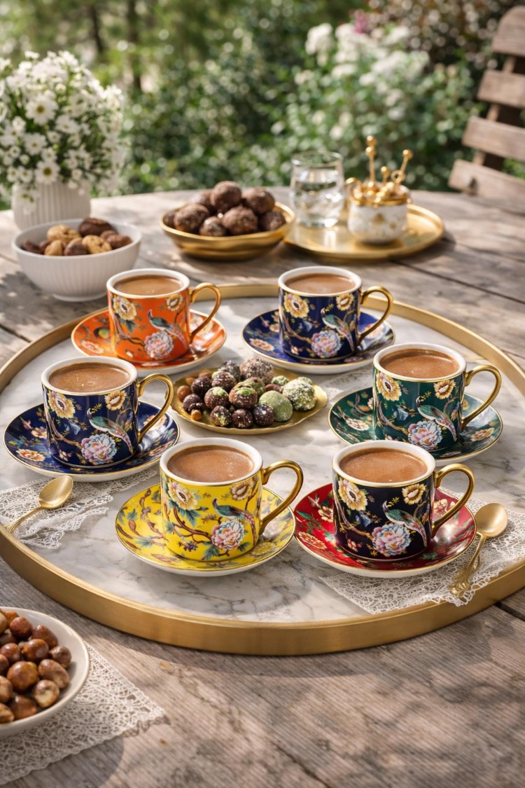 Mien Deco 6 Kişilik Porselen Kahve Fincan Takımı – Renkli & Desenli Şık Türk Kahvesi Seti