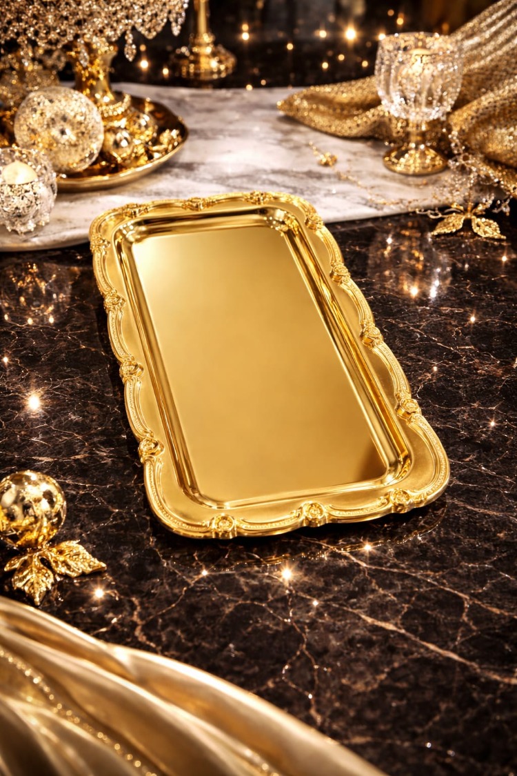Gold Nişan Tepsisi Dikdörtgen Sunum Tepsisi – Söz & Nişan Yüzük Tepsisi, Kahve Sunum Tepsisi