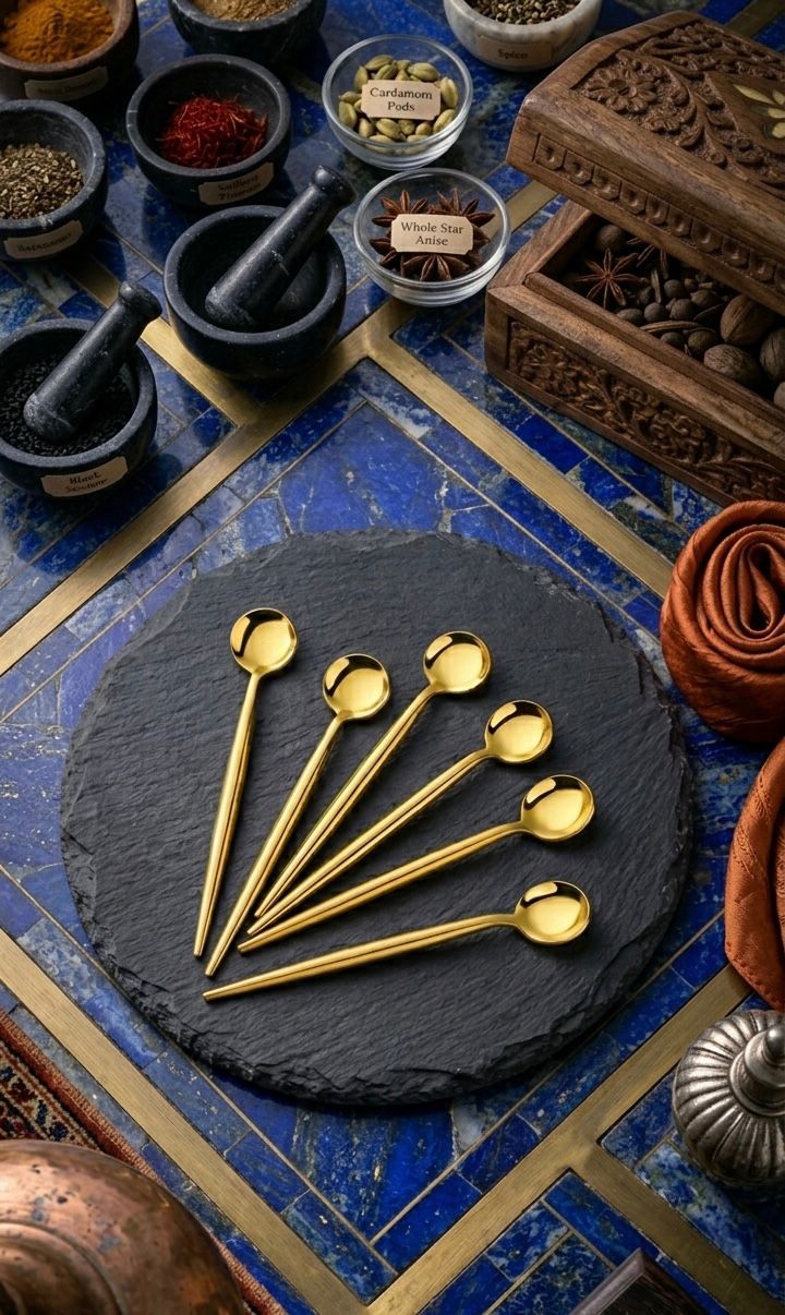 6'lı Paslanmaz Titanyum Yuvarlak Gold Çay Kaşığı - 6'lı Gold Çay Kaşık Seti