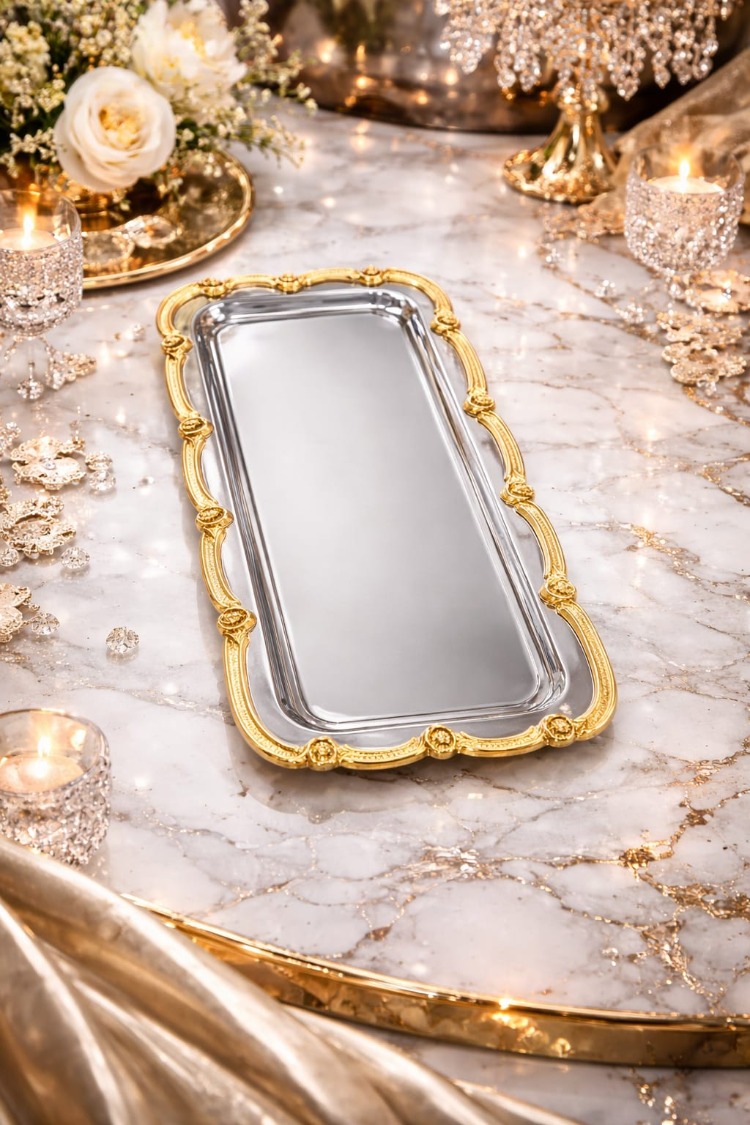 Gold- Gümüş Nişan Tepsisi Dikdörtgen Sunum Tepsisi–Söz & Nişan Tepsisi, Kahve Sunum Tepsisi