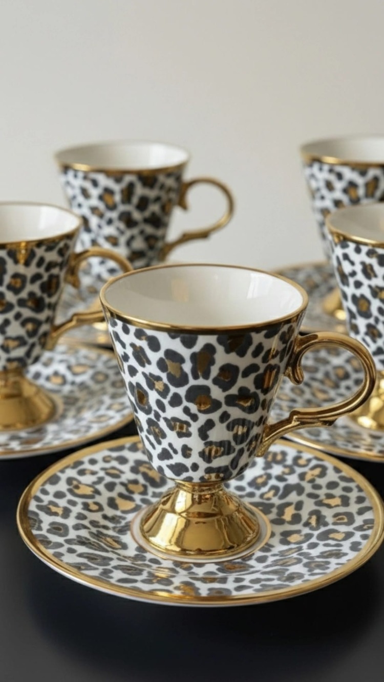 KOSOVA Porselen 6’lı Ayaklı Leopar Fincan Takımı–Beyaz&Gold Detaylı Şık Kahve Seti