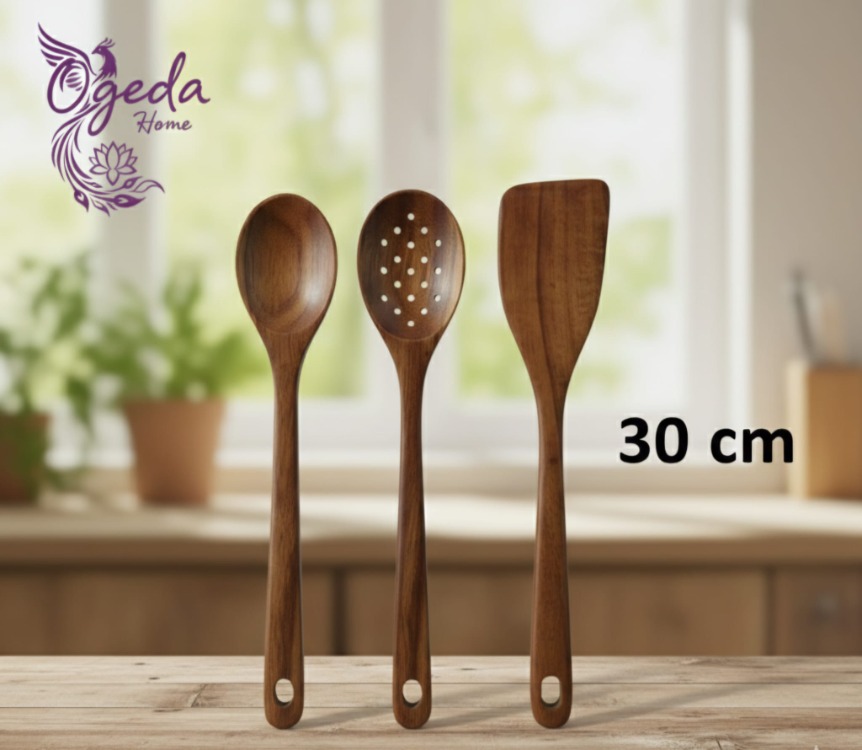 Mien 3’lü Akasya Ahşap Kaşık Seti – Doğal 30 cm Mutfak Karıştırma & Servis Kaşığı