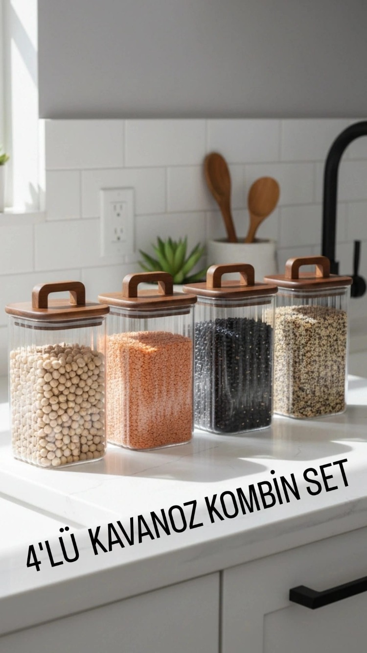 Mien 4’lü Cam Saklama Kavanoz Seti – 4'lü 1500 ml Kare, Akasya Kapaklı, Kulp Detaylı Set