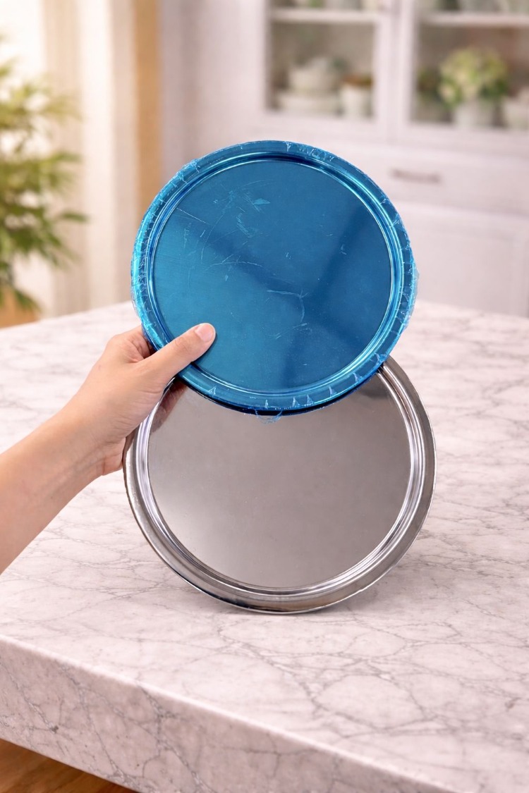 2'li Gümüş Renk Dekoratif Paslanmaz Yuvarlak Model Servis Tepsisi 23 cm