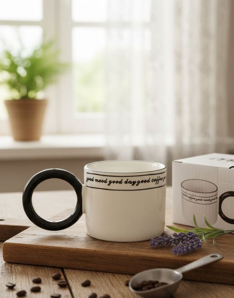 Mien Good Mood Yazılı Büyük Halka Saplı Porselen Kupa – Kahve & Çay Kupası