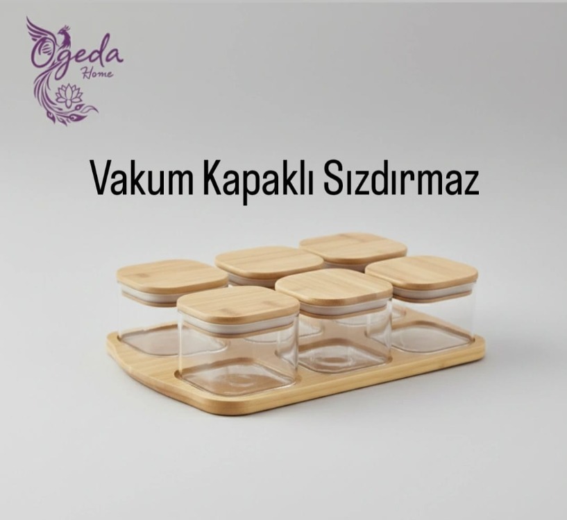 6’lı Kare Cam Saklama Kabı Seti – Bambu Kapaklı Kavanoz – Kahvaltılık & Çerezlik Seti