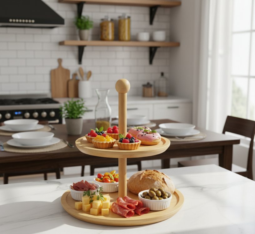 2 Katlı yuvarlak bambu sunumluk- 2 Katlı Sunum Standı