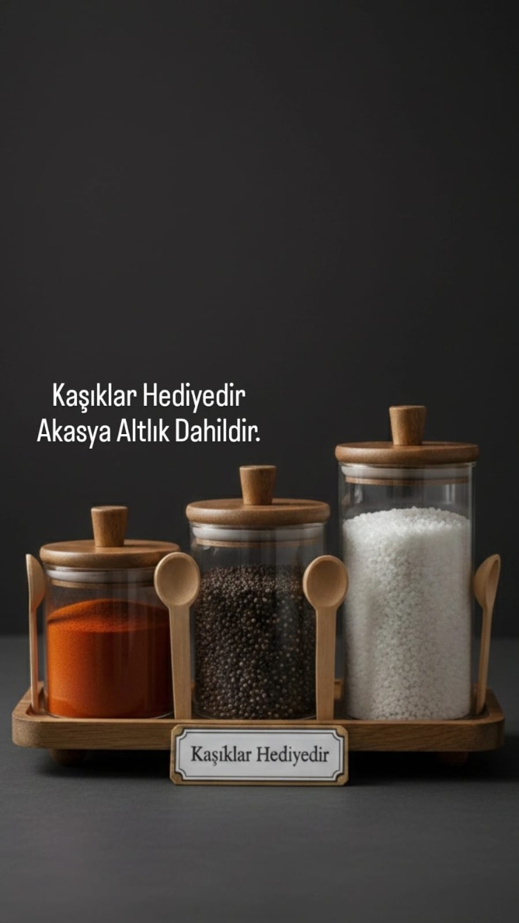 Mien 3’lü Akasya Ahşap Kapaklı Baharat Seti - 3 Boy Akasya Kapaklı Baharatlık