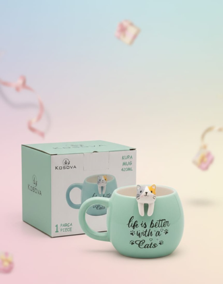 Kosova Kedi Figürlü Mug Kupa 420 ml – Seramik Kupa – Sevimli Cat Mug – Hediye Kupa Bardak