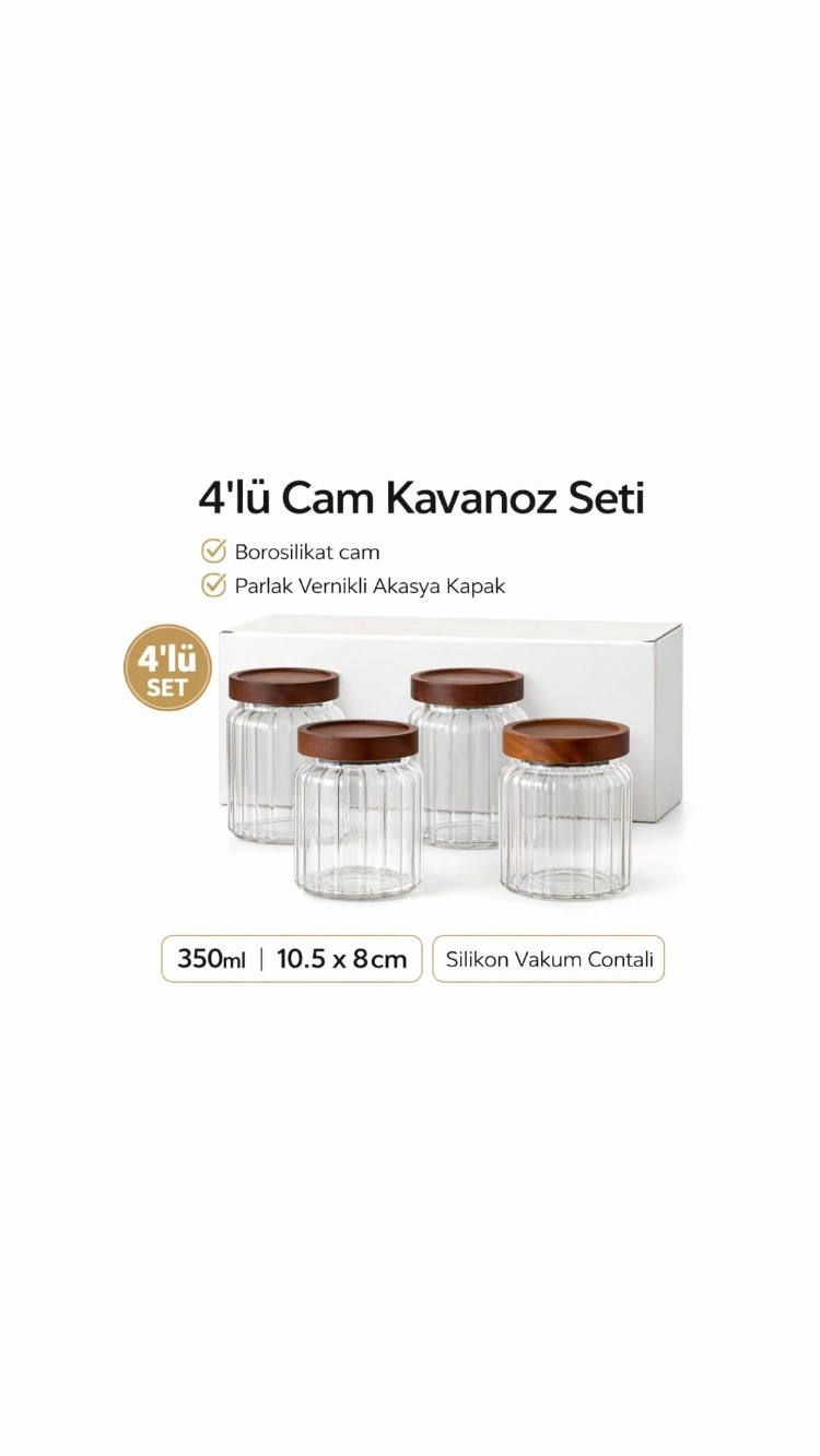 Mien 4’lü Cam Kavanoz Seti – 350 ml Akasya Kapaklı, Hava Geçirmez Yuvarlak Saklama Kavanozu
