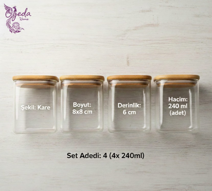 Mien 4’lü Cam Saklama Kabı Seti – 4'lü Kare Kahvaltılık Seti-Bambu Kapaklı Saklama Kabı