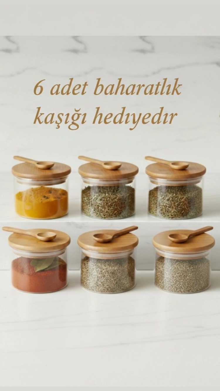 6'lı Bambu Kapaklı Borosilikat Cam Kavanoz Seti - Vakumlu Hava Almaz Baharatlık Takımı