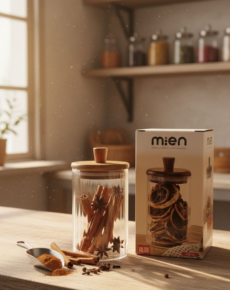 Mien 420 ml Akasya Kapaklı Cam Baharatlık – Saklama Kavanozu – Tekli
