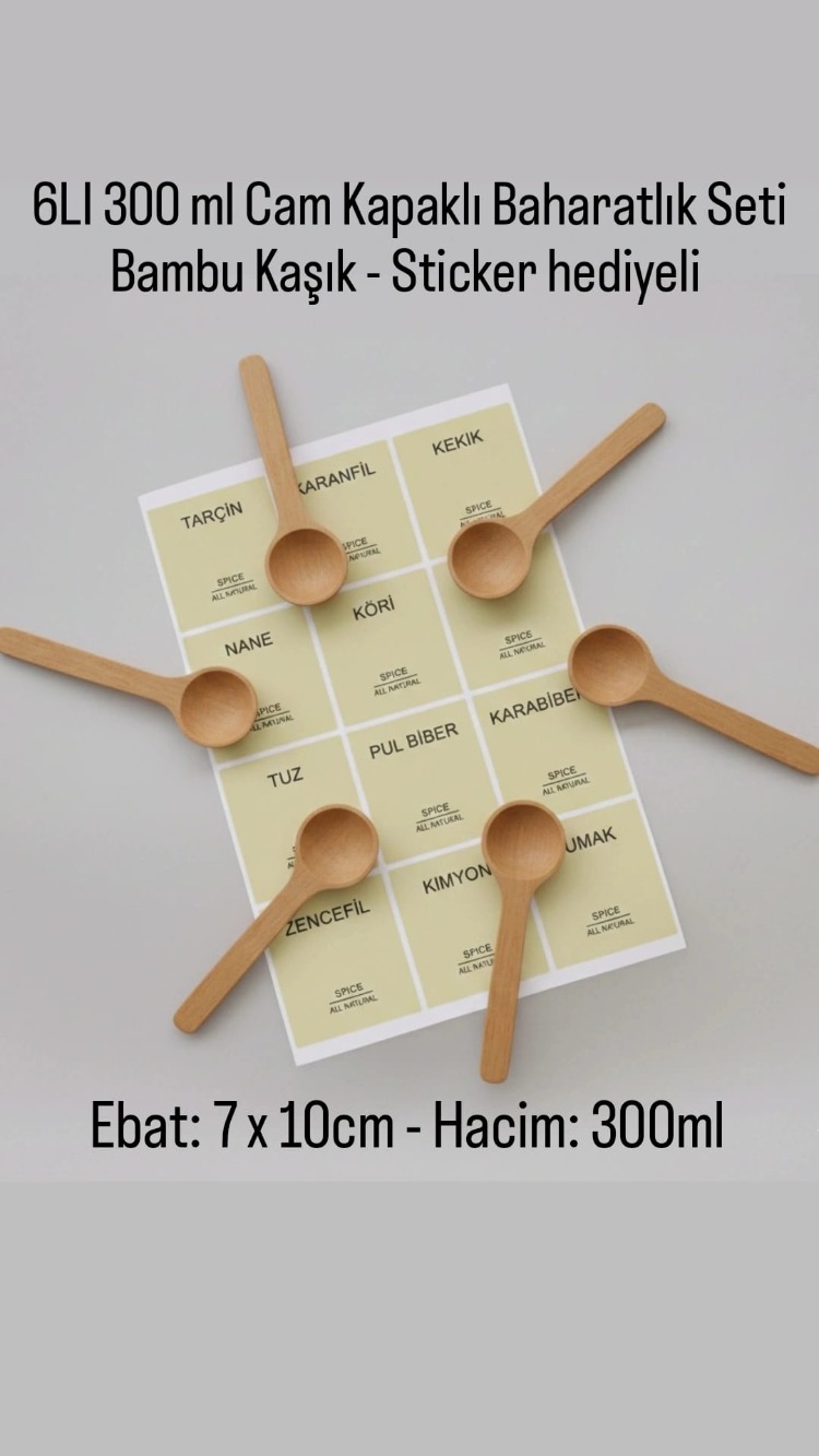 Mien 6’lı Akasya Kapaklı Cam Baharatlık Seti – Ahşap Kaşık + Etiketli Düzen Seti