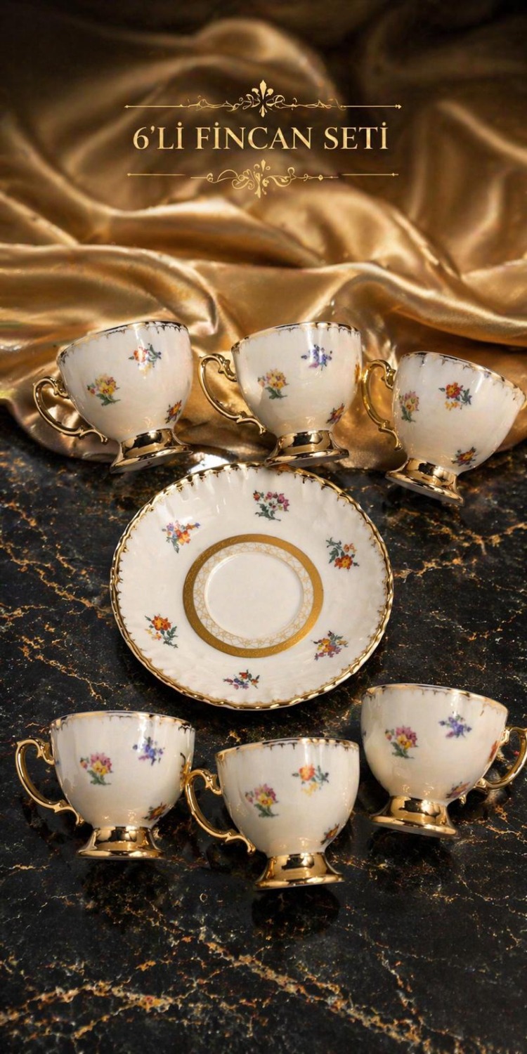 Mien Mona 6 Kişilik Porselen Kahve Fincan Takımı – Gold Detaylı Fincan Takımı