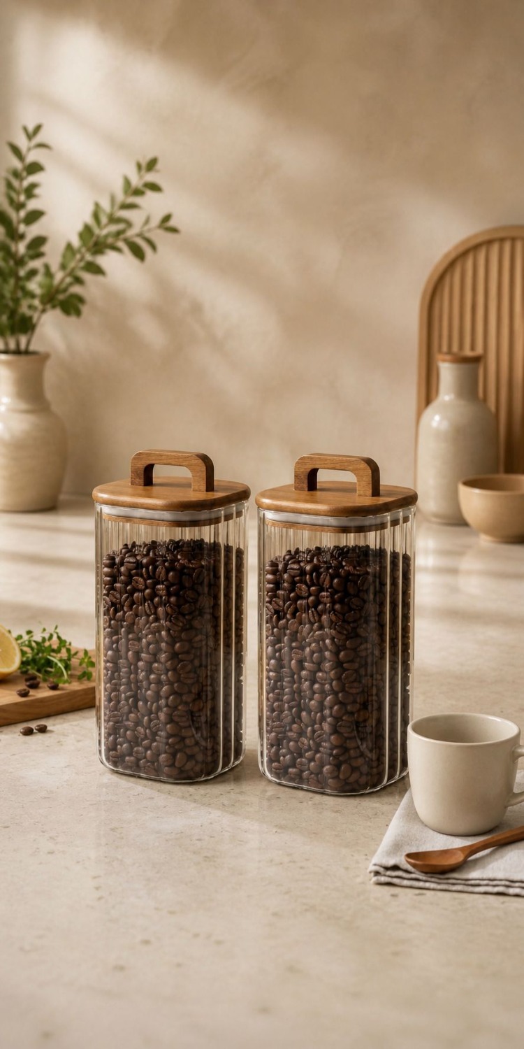 2'li Akasya Kapaklı Cam Kavanoz 1100 ML–2'li Orta Boy Kahve, Bakliyat & Kuruyemiş Sakl