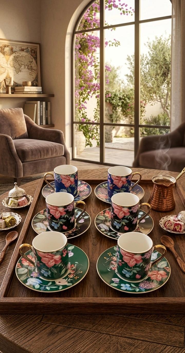 6 Kişilik Çok Renkli Çiçekli Fincan Takımı - Balsa 3 Renk Çiçekli Fincan Takımı