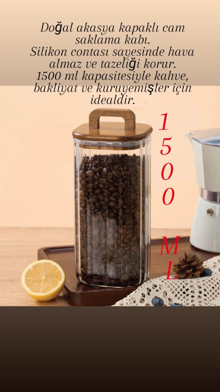 Mien Akasya Kapaklı Cam Kavanoz 1500 ML –Büyük Boy Saklama Kabı–