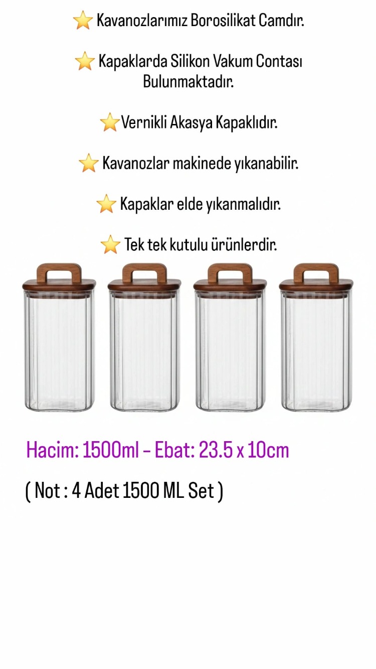 Mien 4’lü Cam Saklama Kavanoz Seti – 4'lü 1500 ml Kare, Akasya Kapaklı, Kulp Detaylı Set