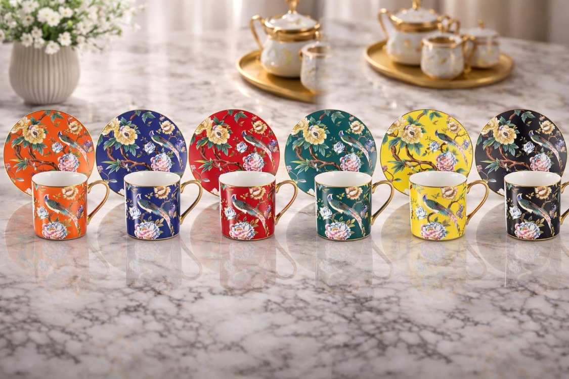 Mien Deco 6 Kişilik Porselen Kahve Fincan Takımı – Renkli & Desenli Şık Türk Kahvesi Seti