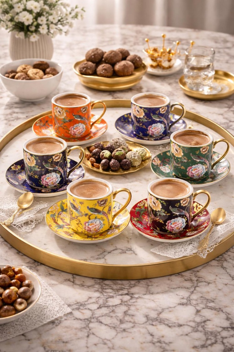 Mien Deco 6 Kişilik Porselen Kahve Fincan Takımı – Renkli & Desenli Şık Türk Kahvesi Seti