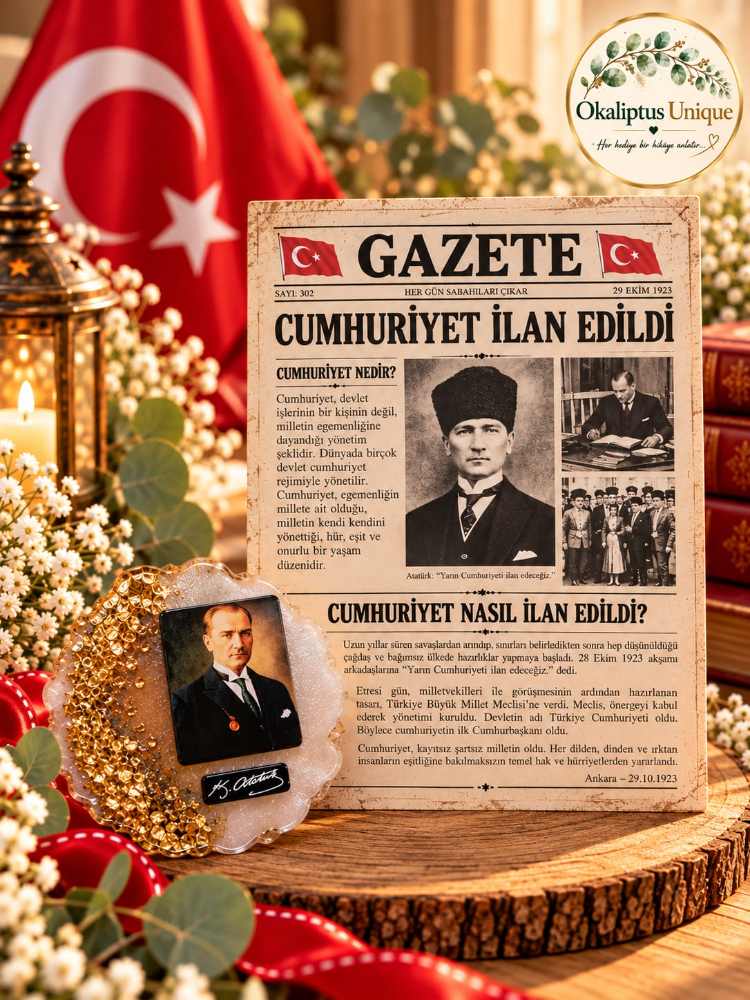 Cumhuriyet’in İlanı – Nostaljik Gazete Kartı ve Atatürk Magneti