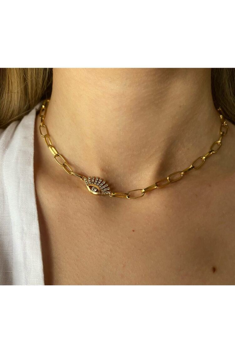 Kadın Gold Rengi Altın Kaplama Göz Detaylı Choker Kolye