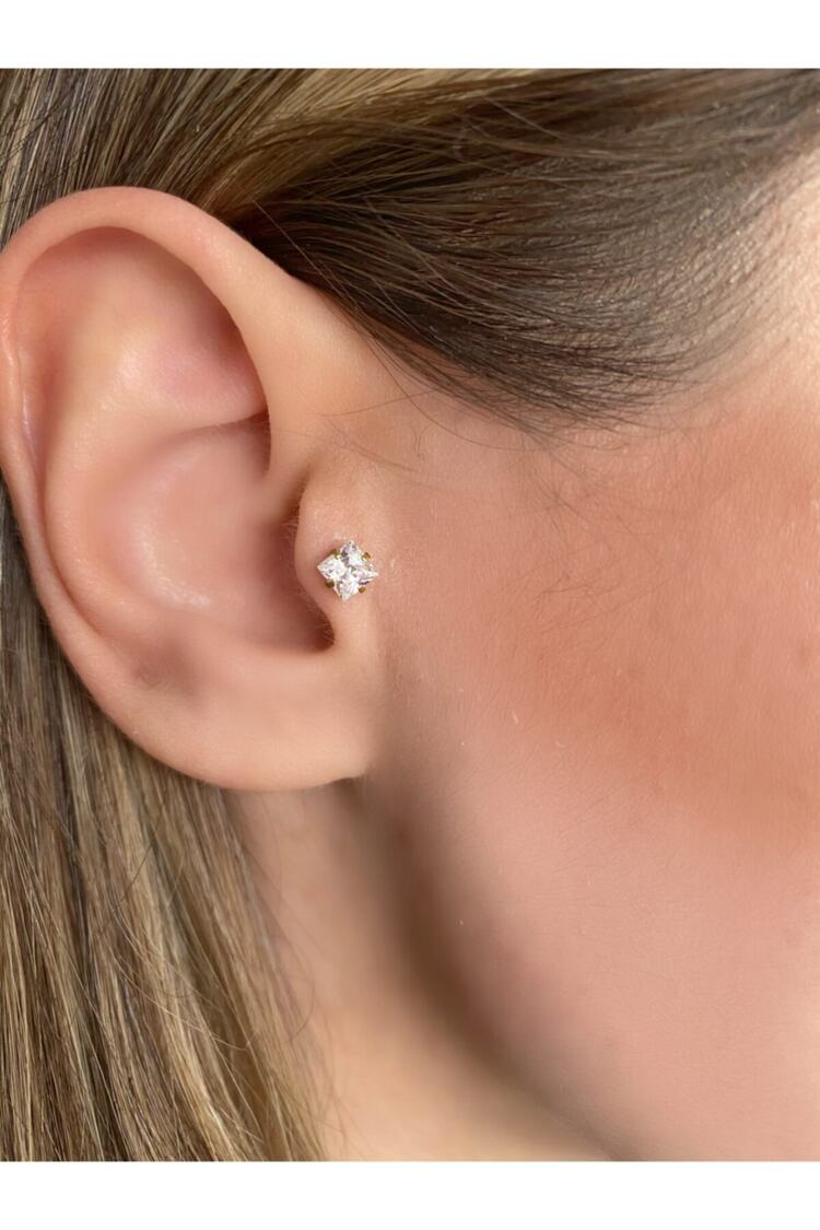 Cerrahi Çelik Gold Kare Tek Taş Piercing , Kıkırdak , Tragus