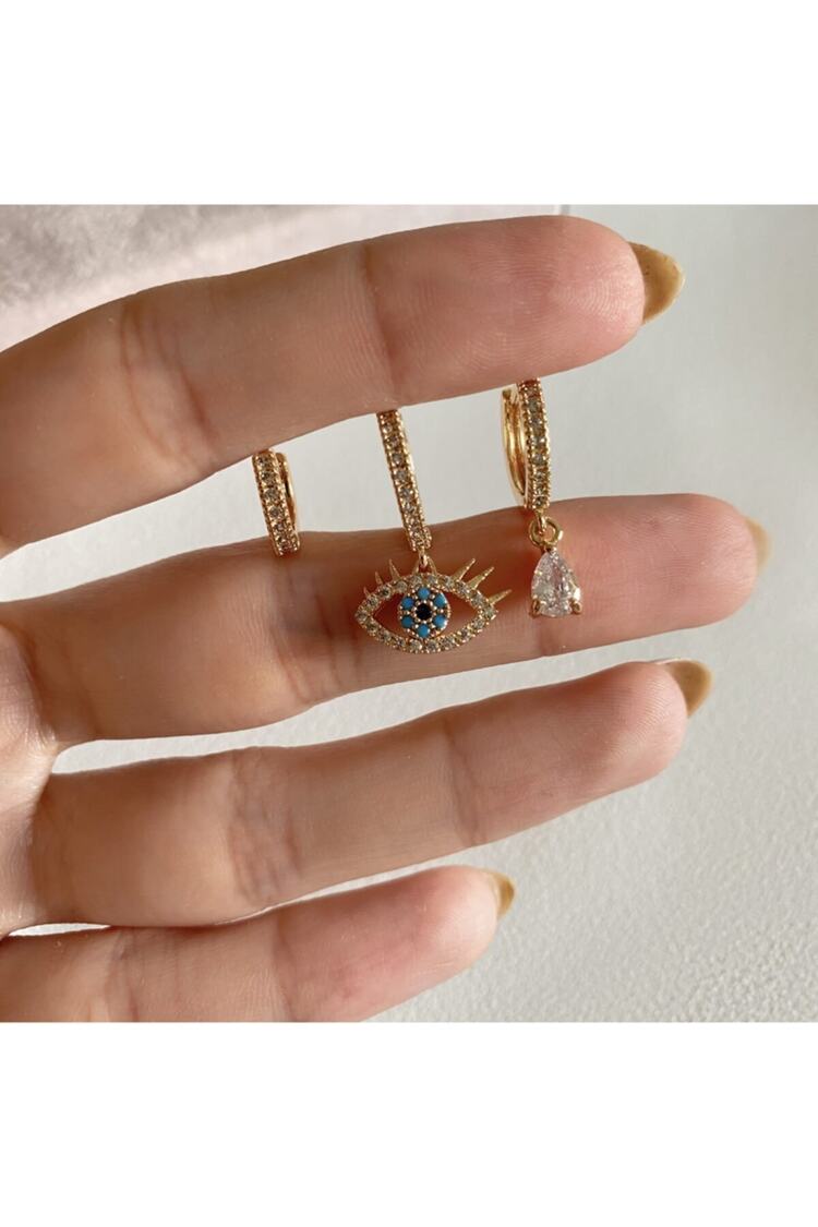 Kadın Gold Renkli Göz Detaylı 3'lü Küpe Seti