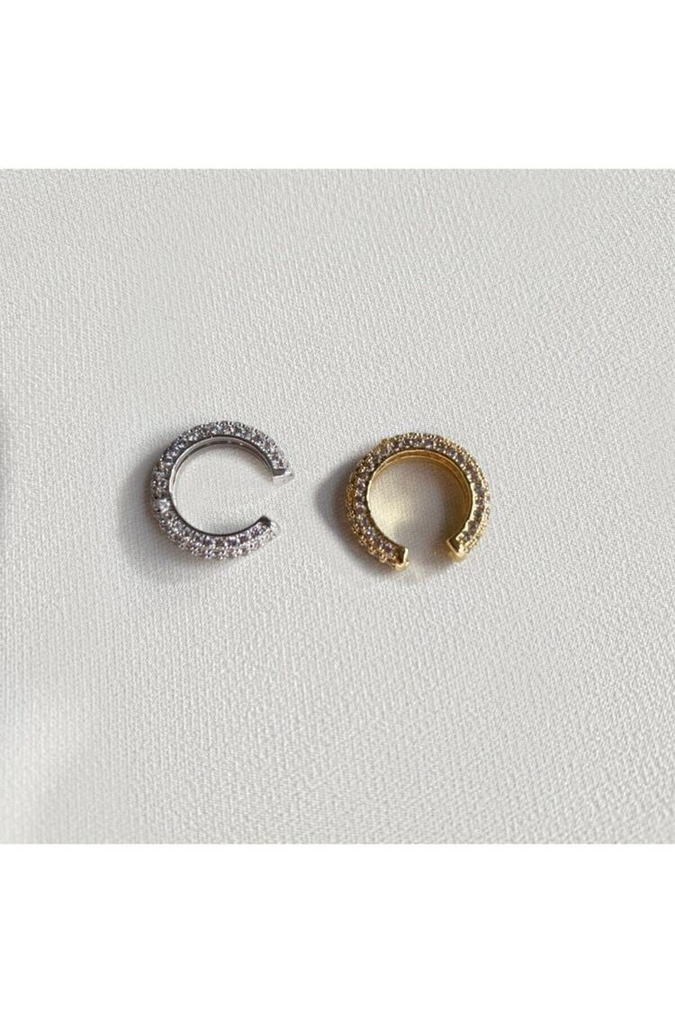 Kadın Silver Rengi Taşlı Halka Earcuff Kıkırdak Küpe