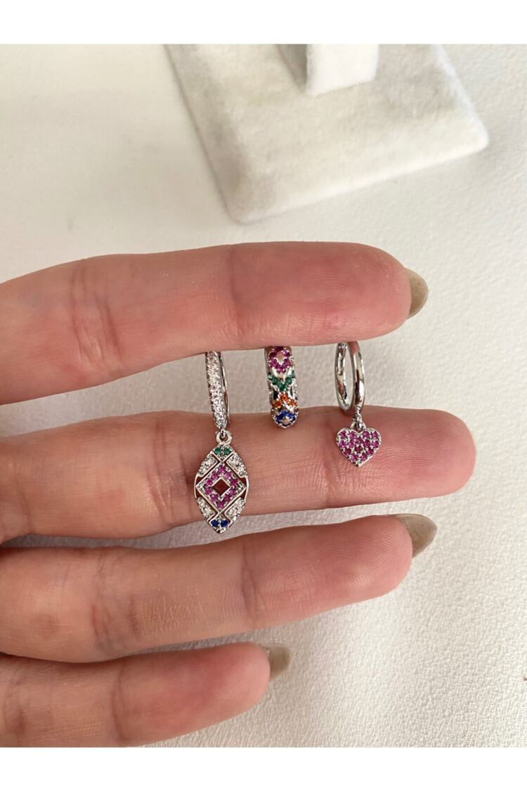 Kadın Silver Rengi Etnik Charm DesenliKüpe Seti 3’lü