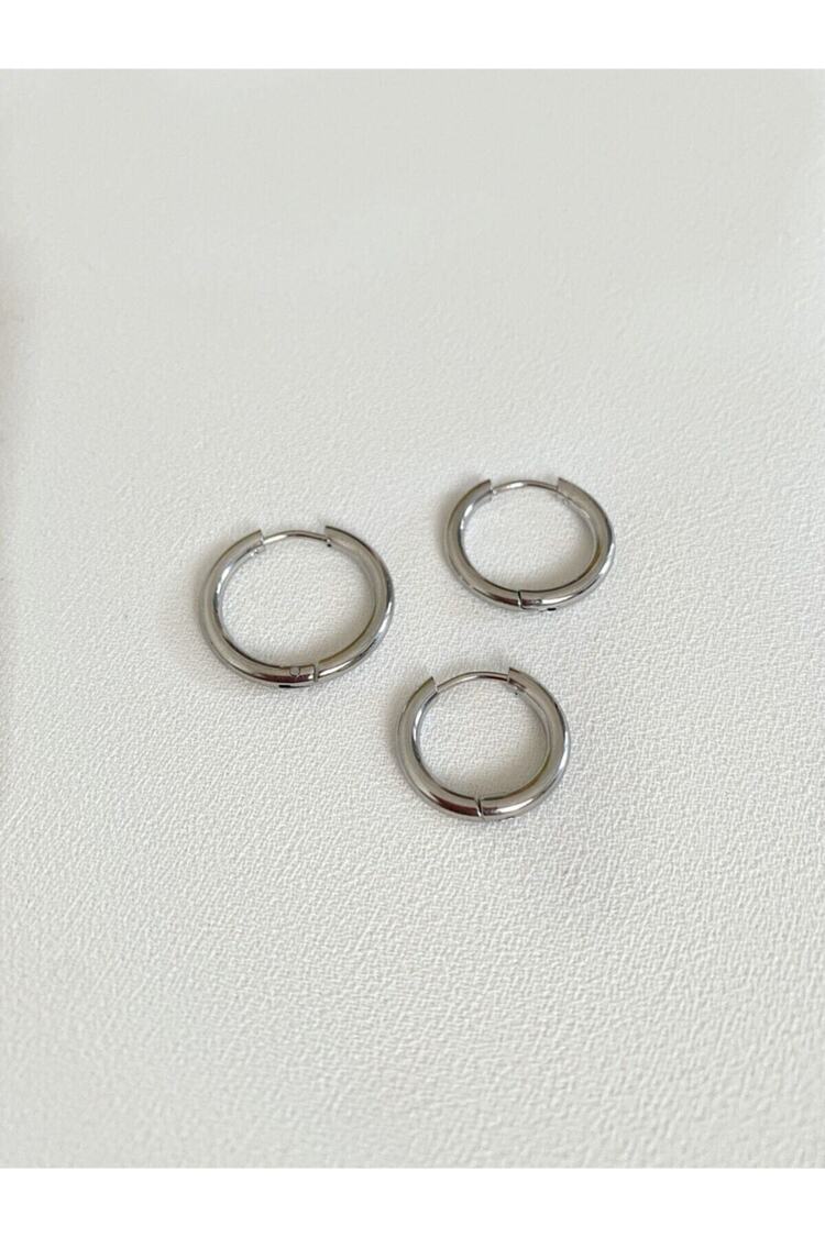 Kadın Gümüş Rengi Çelik 3’Lü Halka Küpe Seti