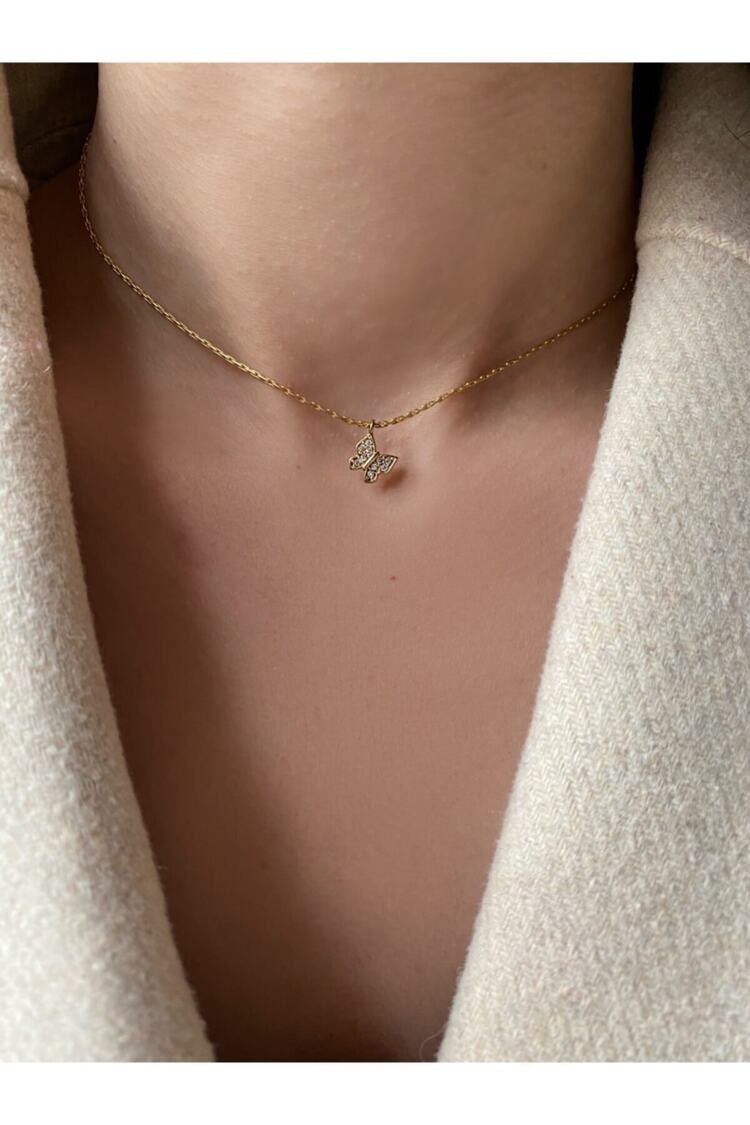 Kadın Gold Rengi Altın Kaplama Mini Kelebek Choker Kolye