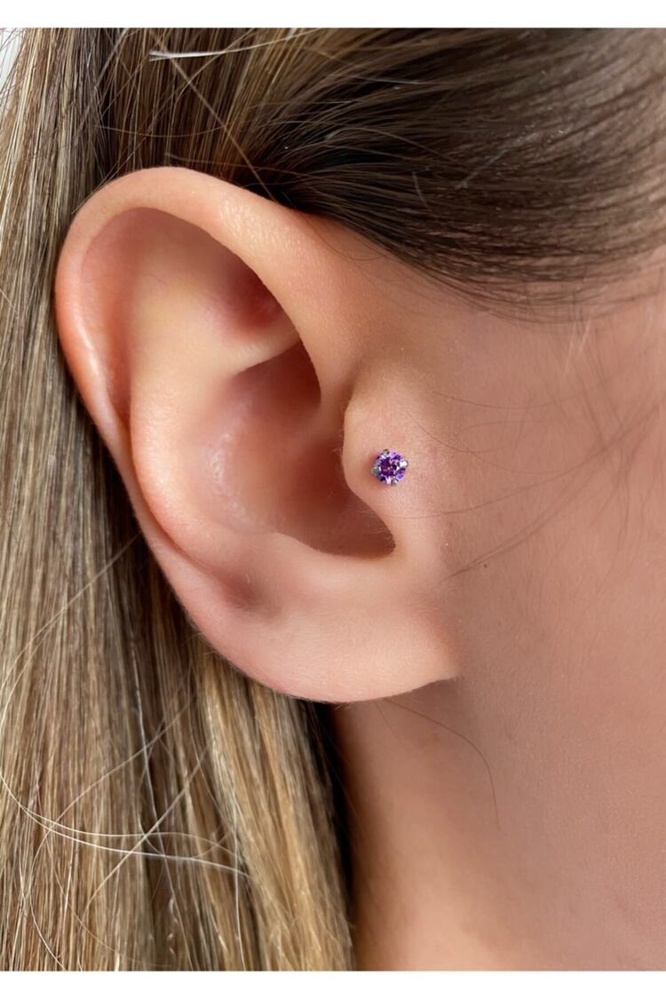 Kadın Cerrahi Çelik Silver Tek Taşlı Tragus Piercing Kıkırdak 6 mm