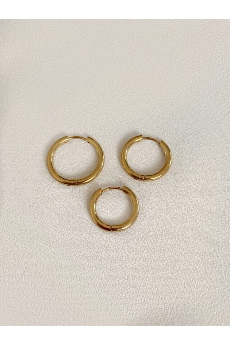 Kadın Gold Rengi Çelik 3’Lü Halka Küpe Seti