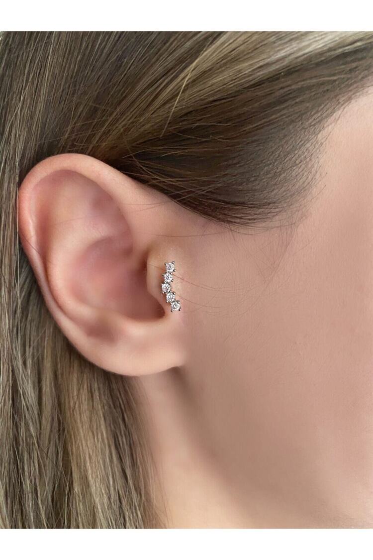 Cerrahi Çelik Kadın Silver Rengi Beş Taş Tragus Kıkırdak Piercing