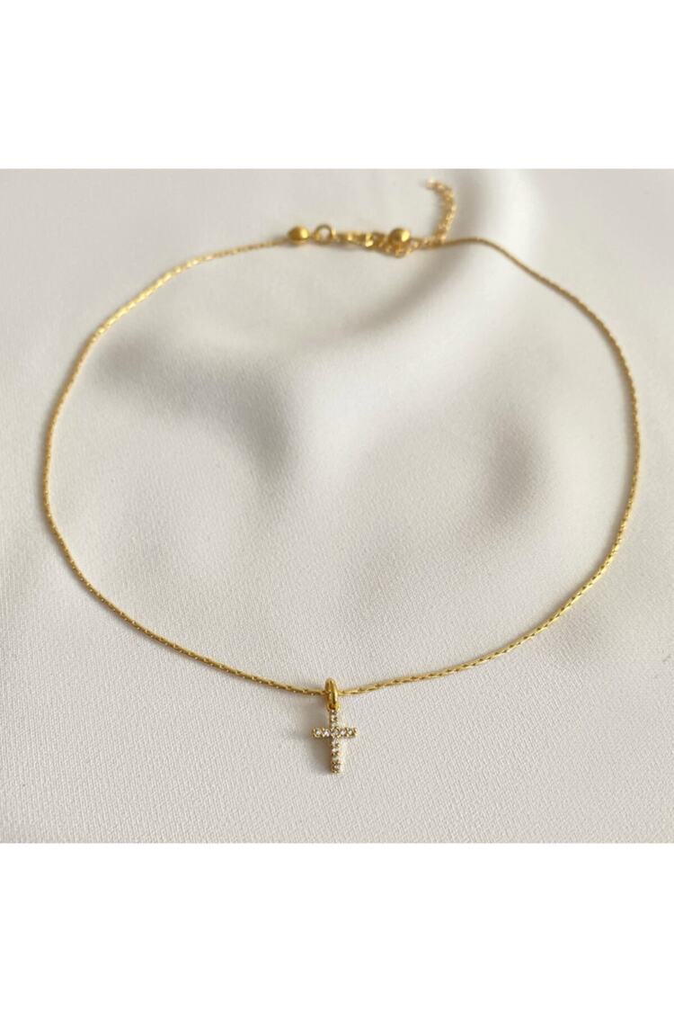 Kadın Gold Renkli Mini Taşlı Haç Kolye