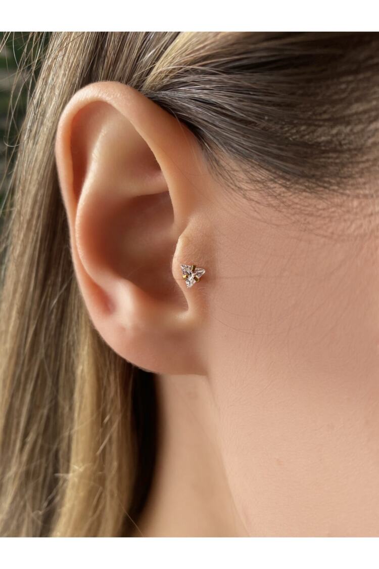 Kadın Cerrahi Çelik Gold Rengi Tek Taş Üçgen Tragus Kıkırdak Piercing 6mm