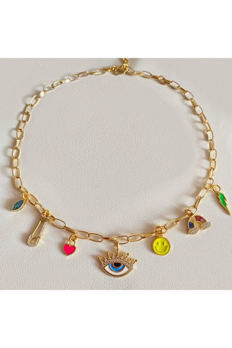 Kadın Mavi Göz Detaylı Renkli Charm Kolye