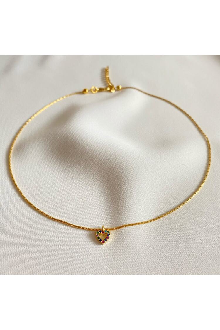 Kadın Gold Mini Renkli Kalp Choker Kolye