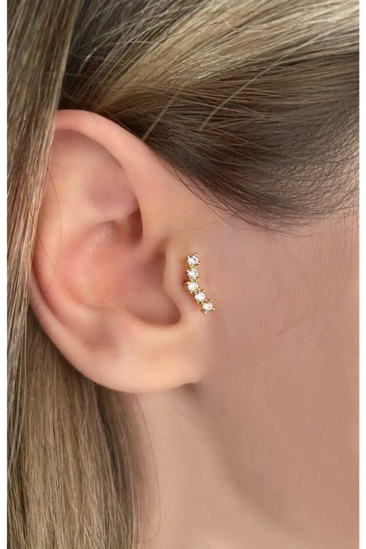 Cerrahi Çelik Kadın Gold Rengi Beş Taş Tragus Kıkırdak Piercing