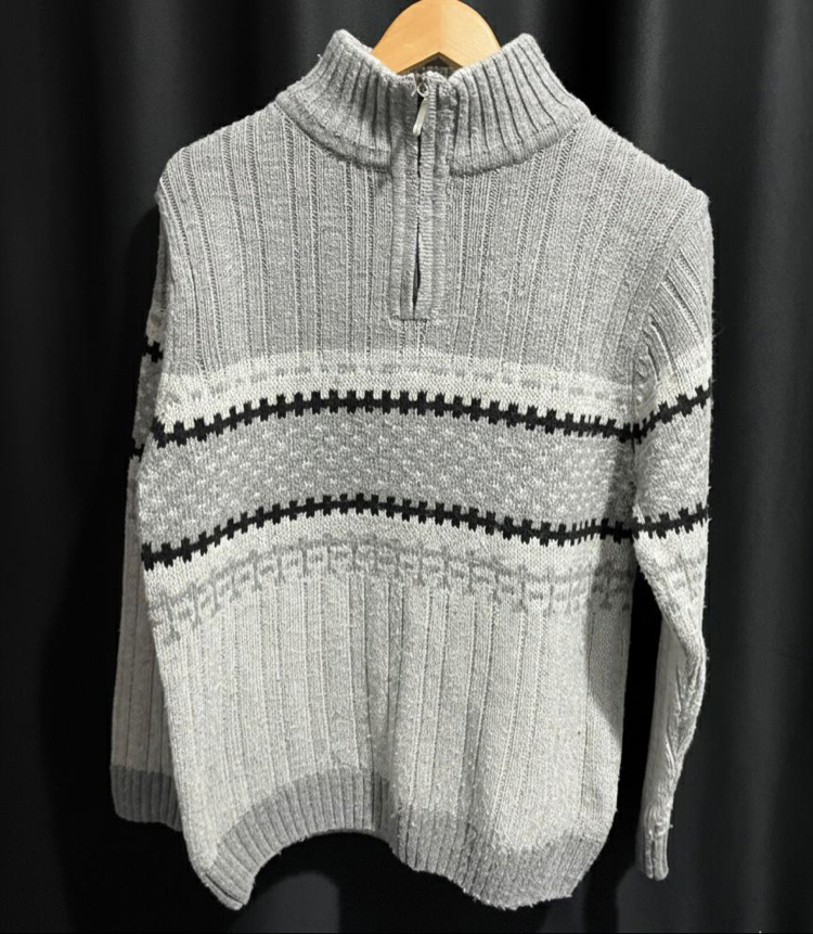 Vintage Flair İsle! Gri Norveç Desenli Fermuar Yaka Triko Kazak